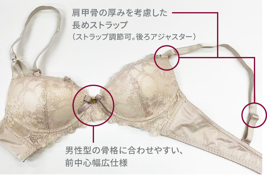 肩甲骨の厚みを考慮した長めストラップ(ストラップ調整か。後ろアジャスター) 男性型の骨格に合わせやすい、前中心幅広仕様
